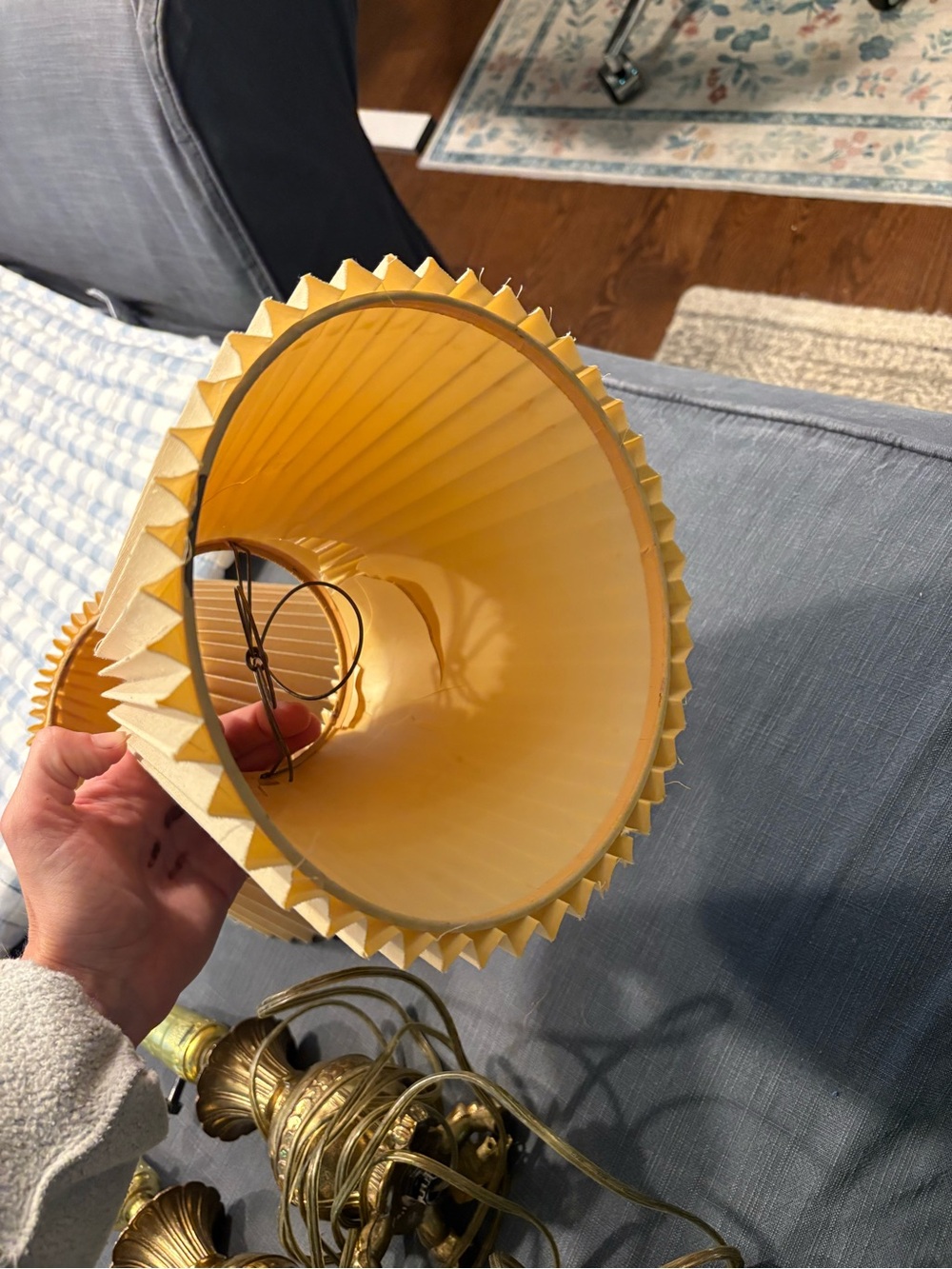 Vintage Brass Table Lamps with Pleated Cream Shades (Pair) - Picture 4 of 7